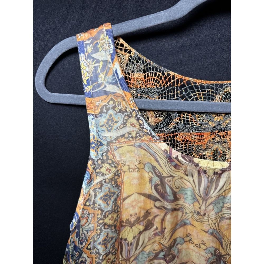 One World Live Let Live Boho Tank Top M Paisley Lace Back Asym Hem Sheer Tunic - Picture 2 of 7